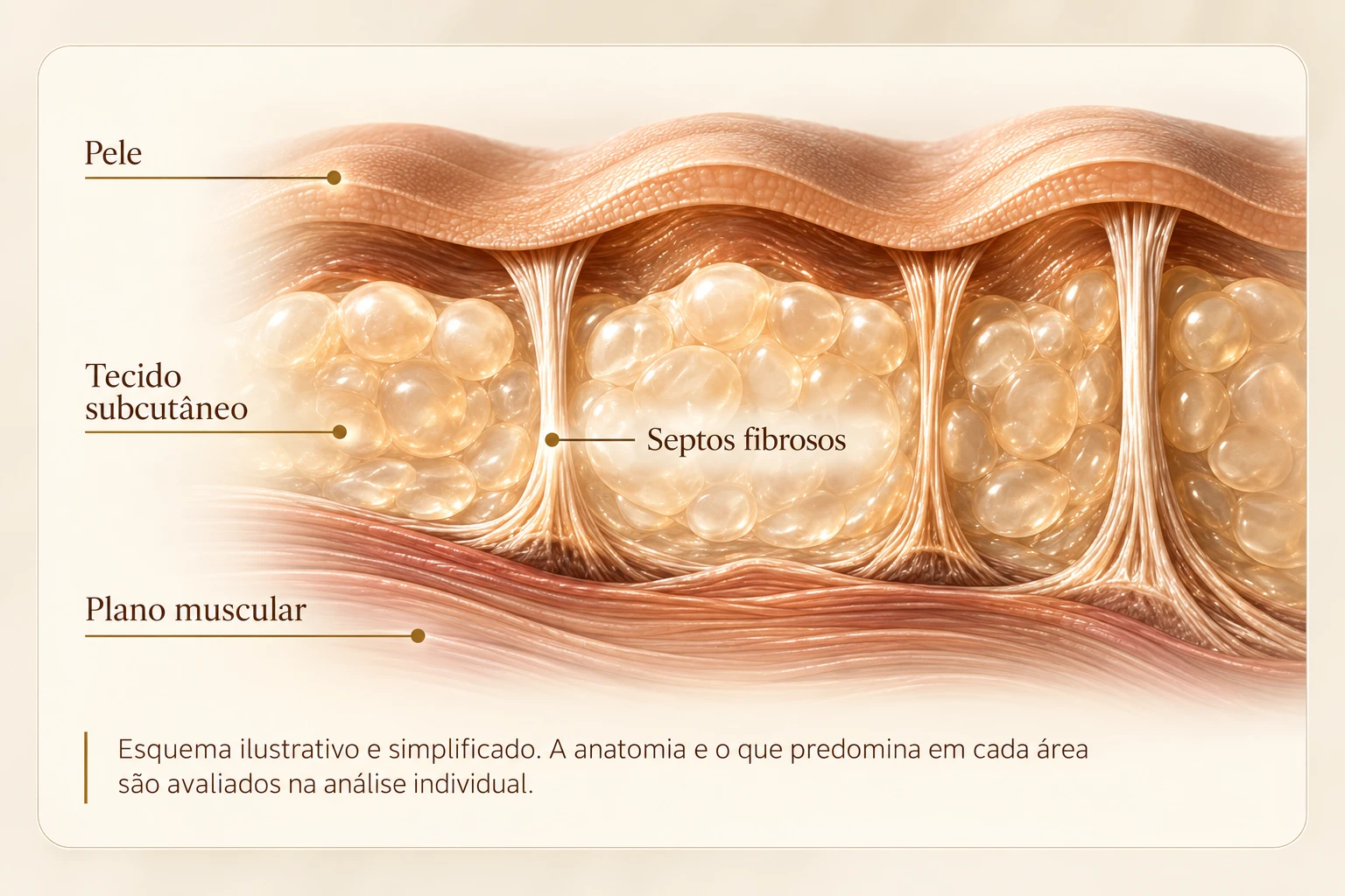 Esquema ilustrativo da pele, tecido subcutâneo, septos fibrosos e plano muscular. A anatomia e o que predomina em cada área são avaliados na análise individual.