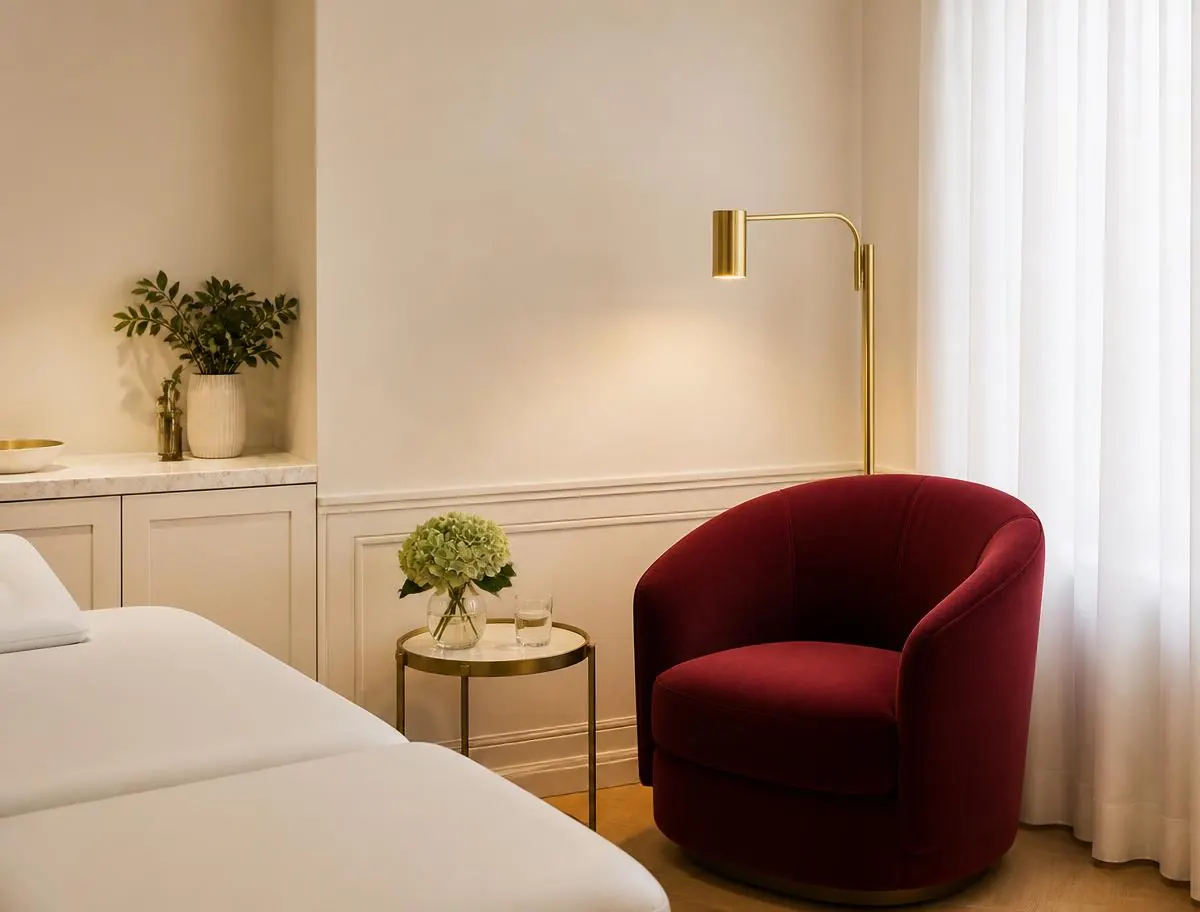 Ambiente de consultório médico com poltrona vinho, luminária dourada e luz natural suave